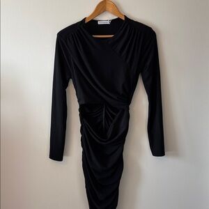 Sophisticated Ruched Long Sleeve Wrap Dress in Classic Black